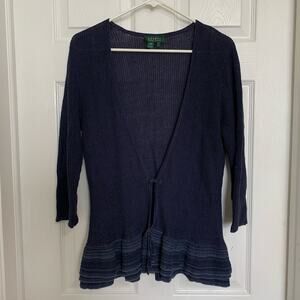 Lauren Ralph Lauren navy blue ruffle hem 100% linen cardigan